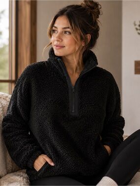 Athleta Cozy Sherpa 1/2 Zip Pullover Black Contrast Stripe Athleisure XXS